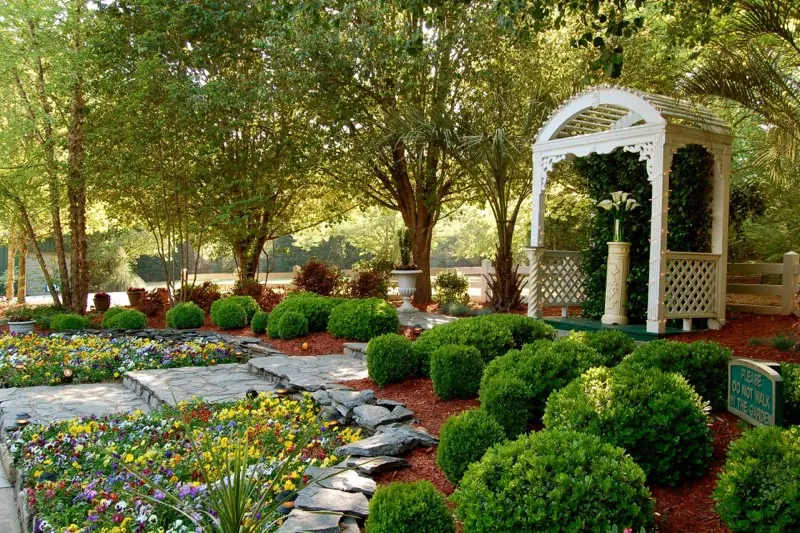Boxwood-lined path through the garden