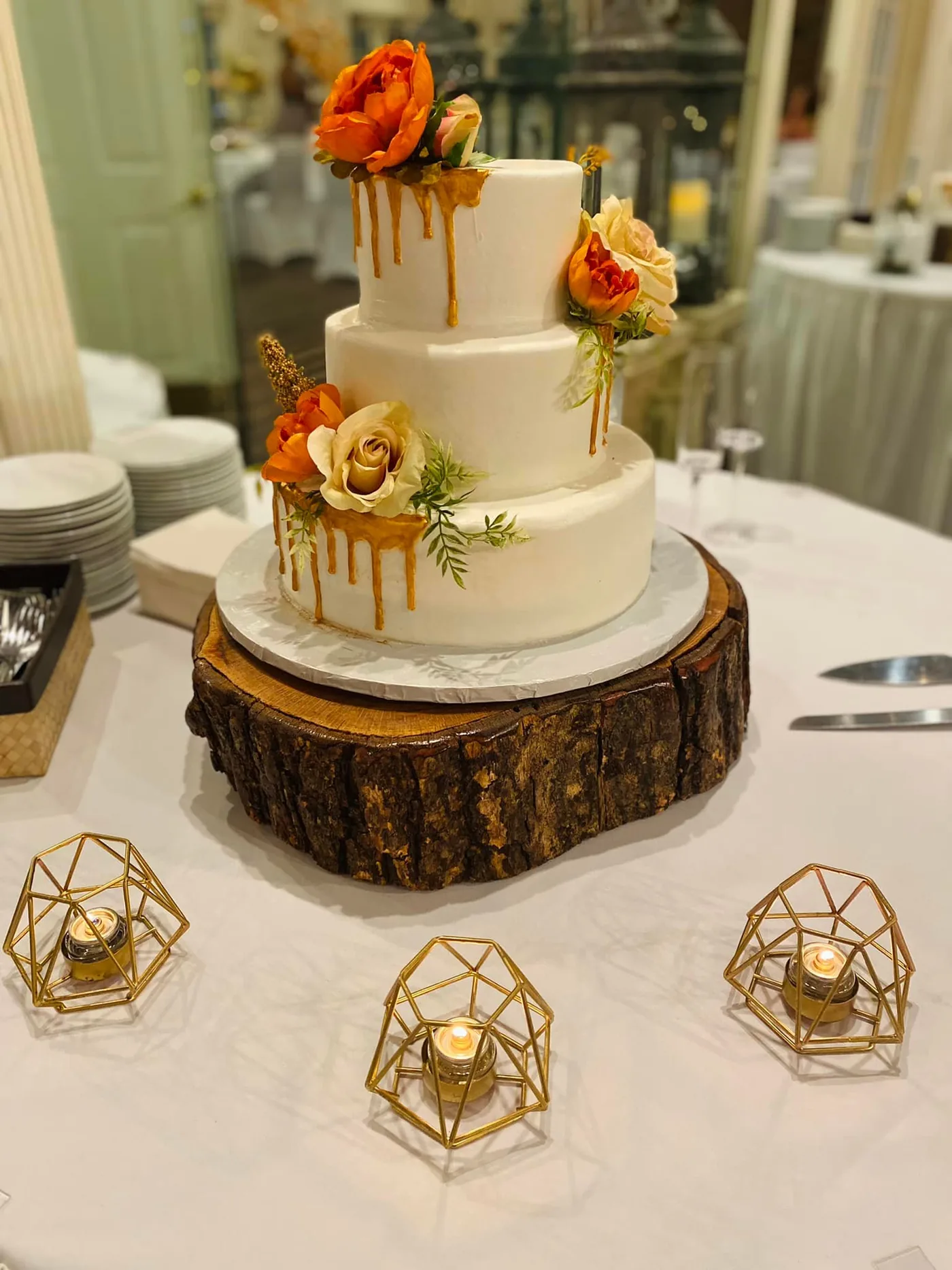 Wedding cake with a caramel drip finish