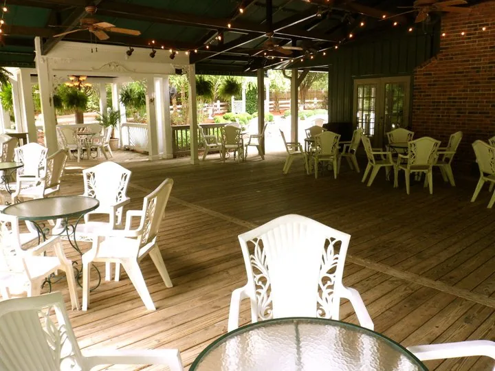 Covered porch set with tables and chairs