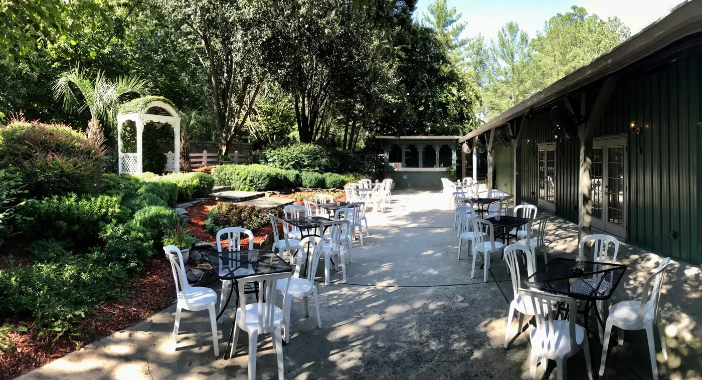 Garden patio with outdoor tables