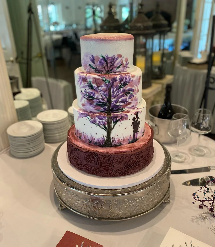 Wedding cake hand painted with a tree design