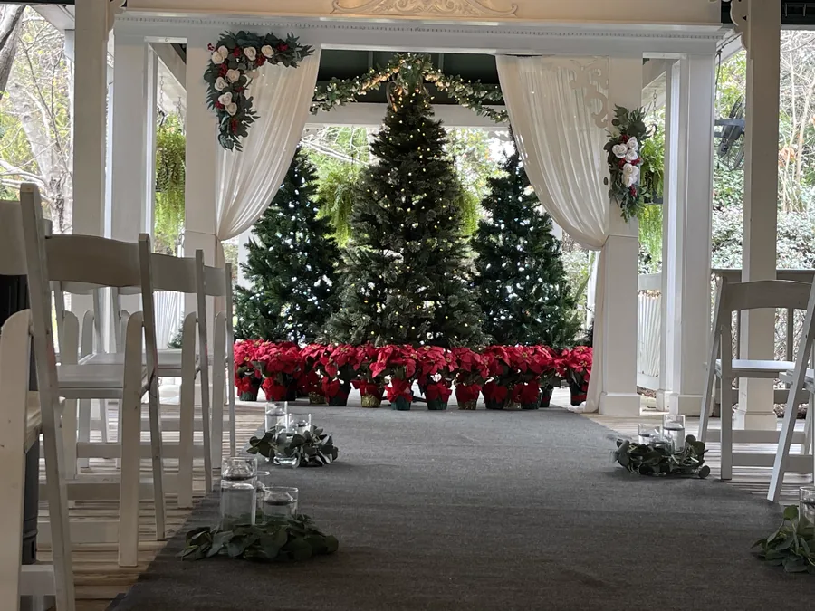 The veranda dressed for a holiday party with trees and poinsettias