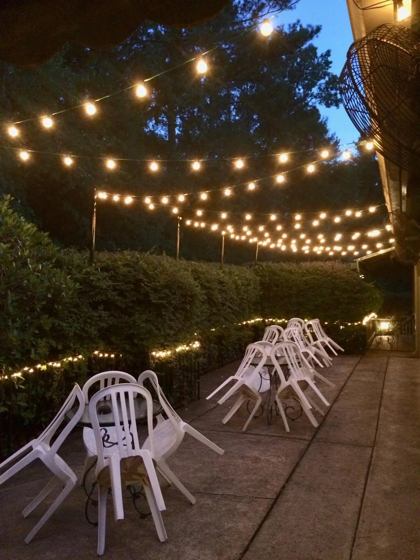 Courtyard string lights at night