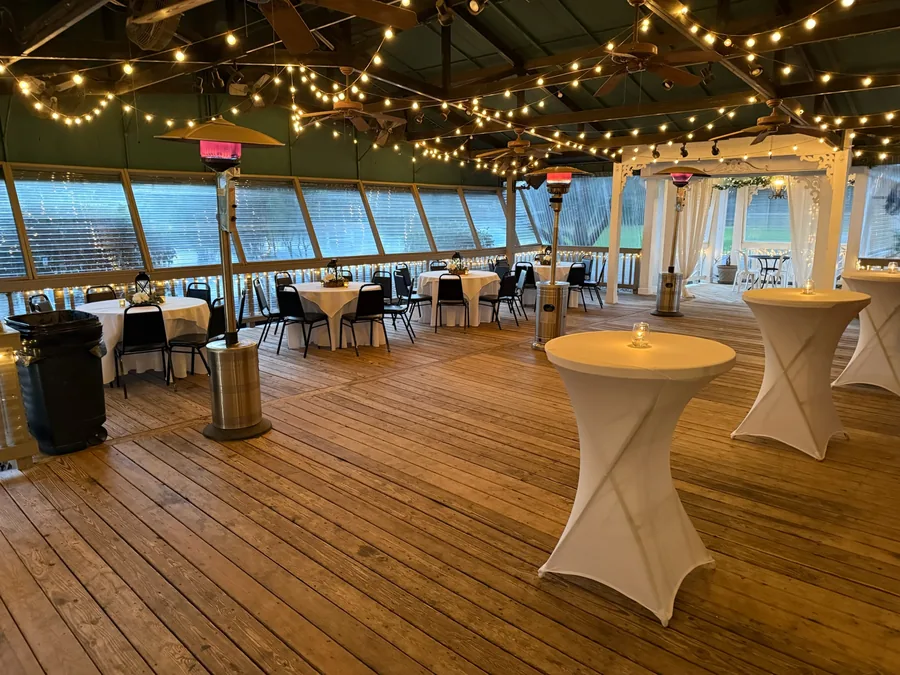 Cocktail tables on the covered pavilion