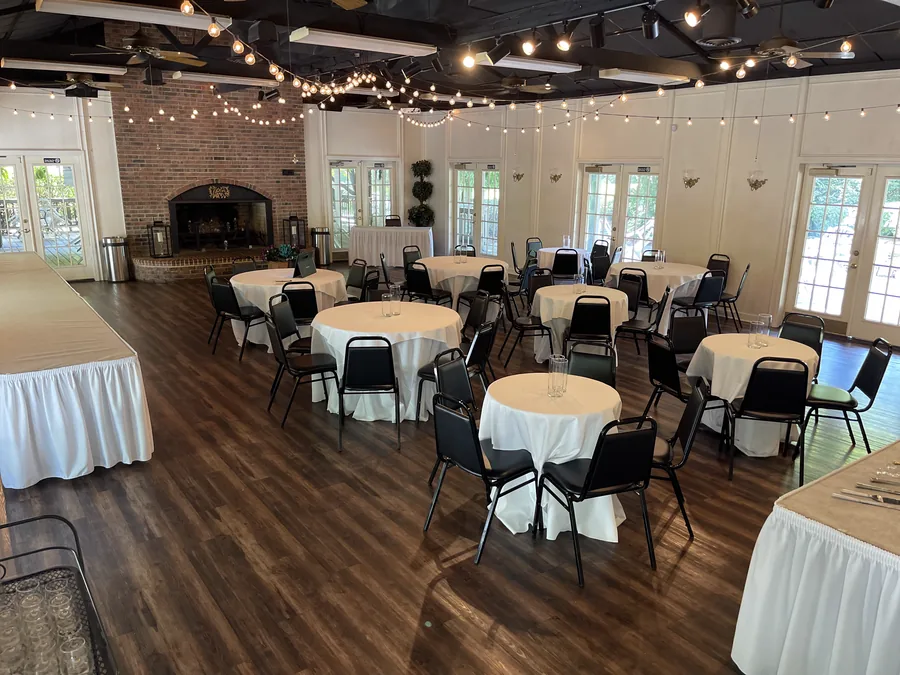The reception hall and its brick fireplace